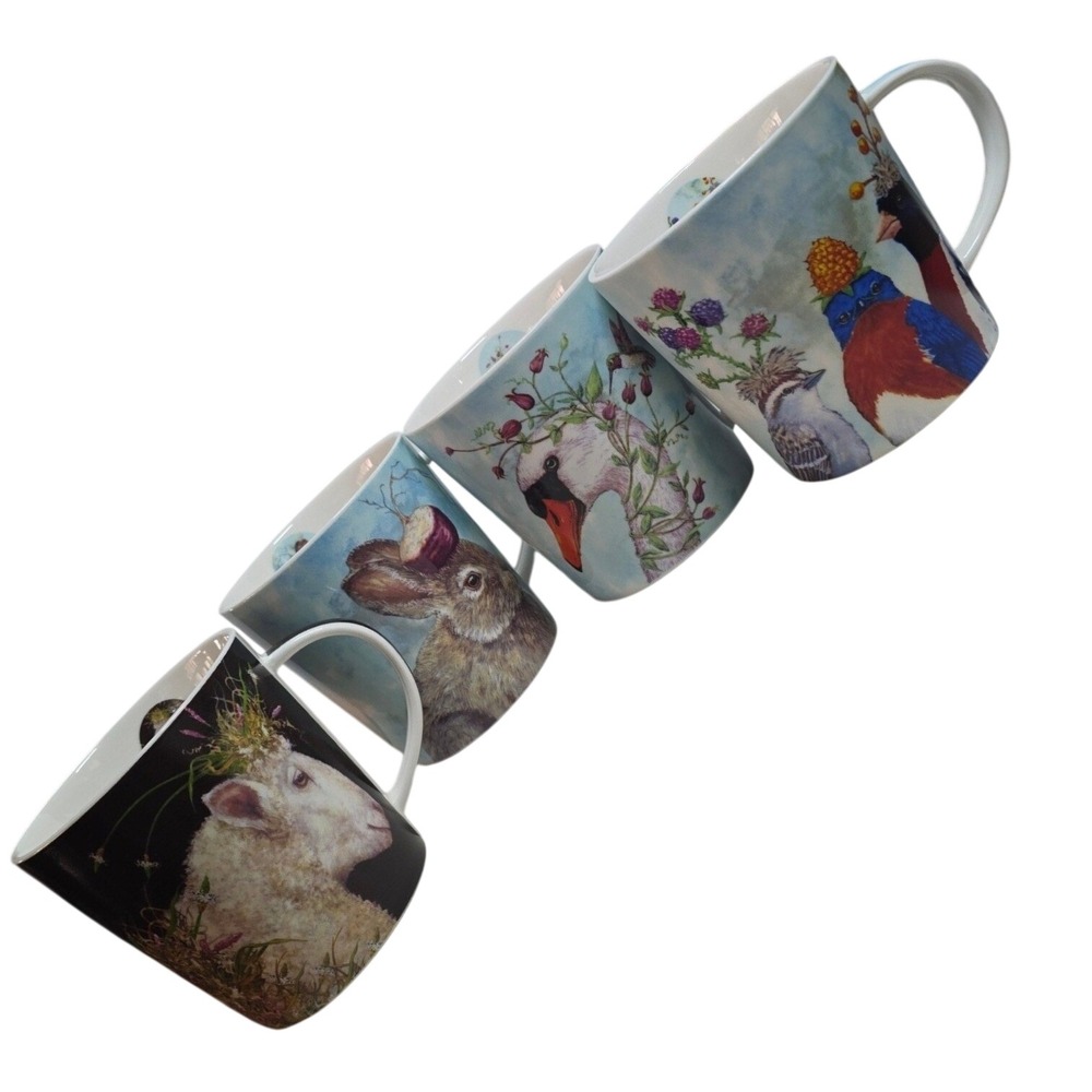 PPD Vicki Sawyer New Bone China Mugs Set of 4 Whimsical Animal Nature Art 13.5oz